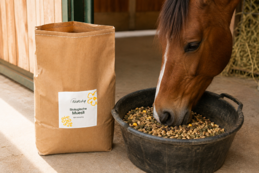 Natuly Biologische Muesli naast een voerbak terwijl een paard ervan eet in de stal