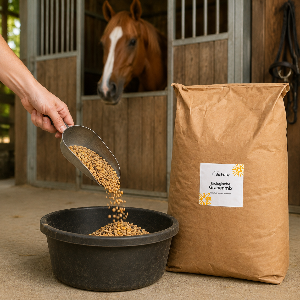 Natuly Biologische Granenmix wordt bij een paardenstal in een voerbak geschept