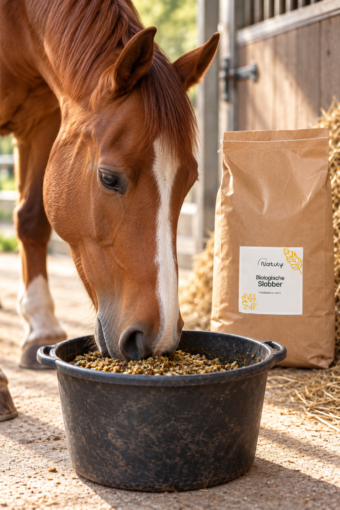 Aangemaakte Natuly Slobber in een voerbak bij een paard