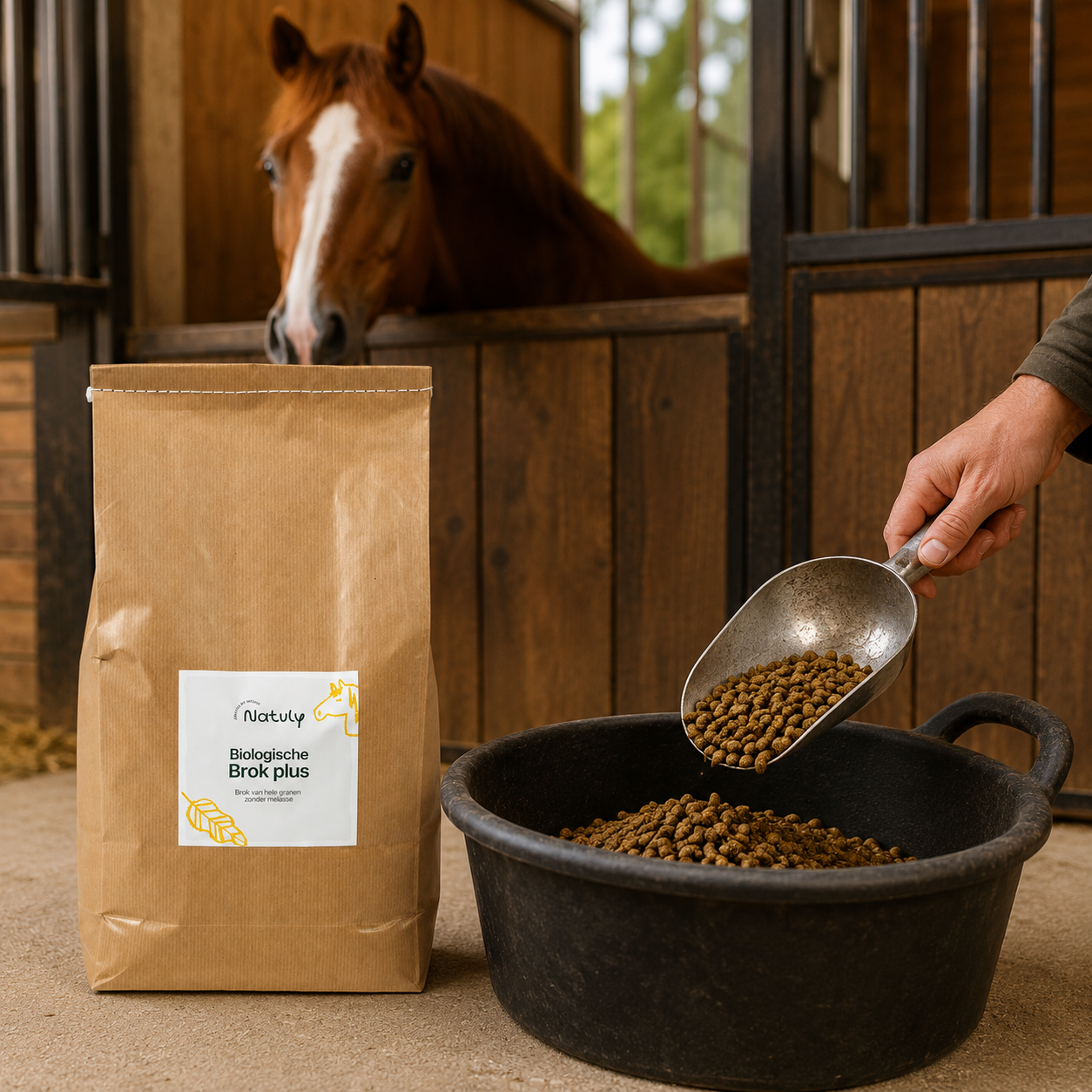 Natuly Biologische Brok Plus wordt bij een paardenstal in een voerbak geschept