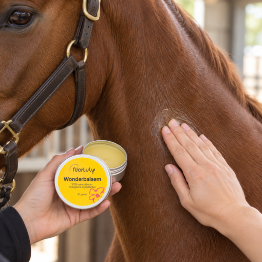 Hand smeert Natuly Kruiden Wonder Balsem op de hals van een paard