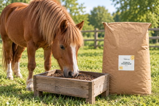 Pony eet zwarte haver uit een houten voerbak naast een zak Natuly Biologische Zwarte Haver