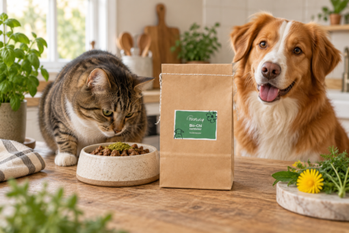 Natuly BIO-Chi voor carnivoren naast een voerbak met een hond en kat op de achtergrond