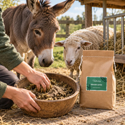 Moeder Aarde mineralenmix mengen door voer voor een ezel en schaap
