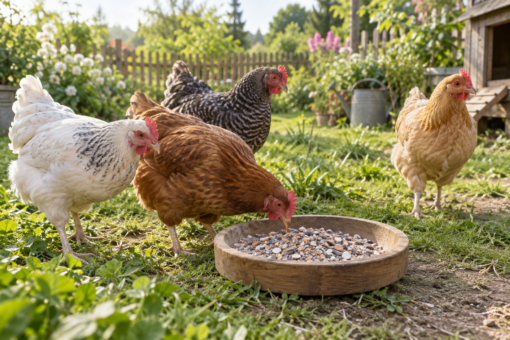 Kippen eten natuurlijk kippengrit in een houten schaal