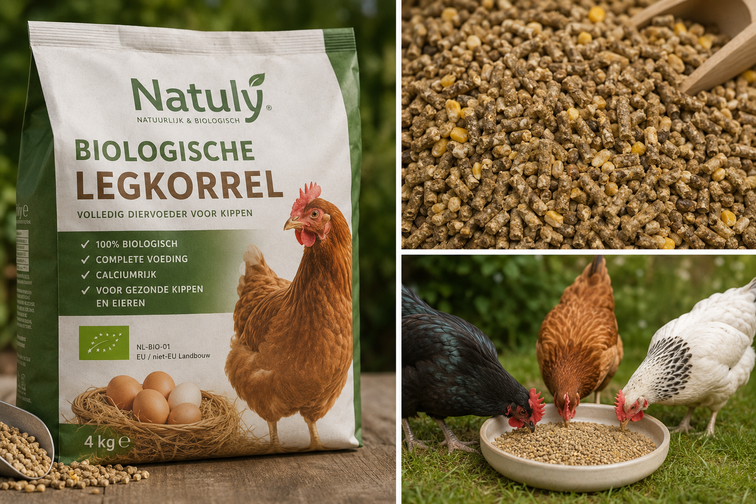 Legkippen eten Natuly Biologische Legkorrel uit een voerschaal.