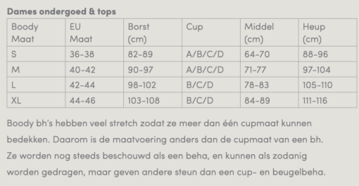 Maattabel dames ondergoed en tops Boody verkrijgbaar bij DeDuurzameTuin.nl
