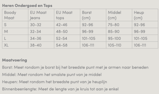 Maattabel herenondergoed en tops Boody verkrijgbaar bij DeDuurzameTuin.nl