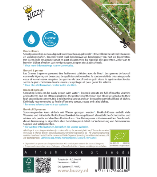 Foto van een zakje Buzzy Organic Sprouting Broccolikers (BIO) verkrijgbaar bij DeDuurzameTuin.nl