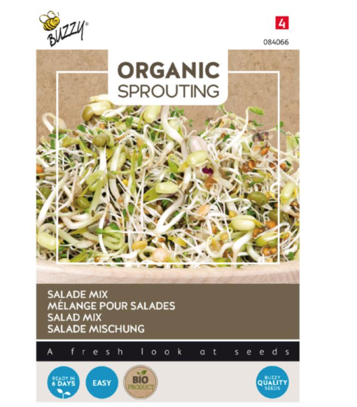 Foto van een zakje Buzzy Organic Sprouting Salademix verkrijgbaar bij DeDuurzameTuin.nl