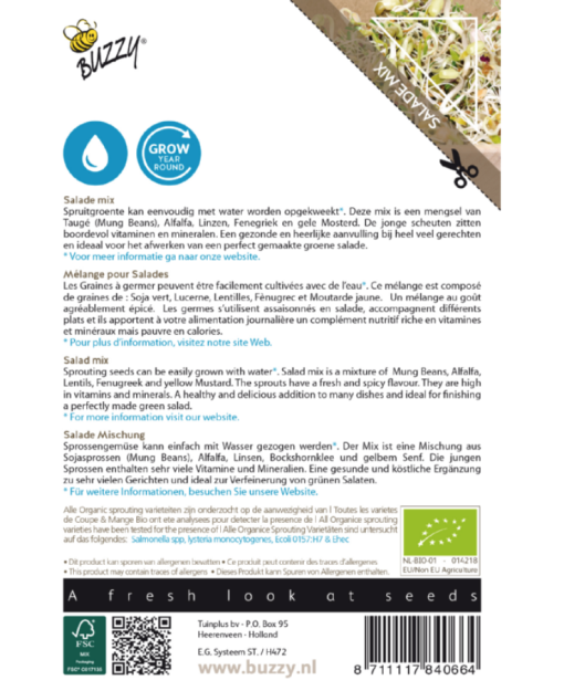 Foto van een zakje Buzzy Organic Sprouting Salademix verkrijgbaar bij DeDuurzameTuin.nl