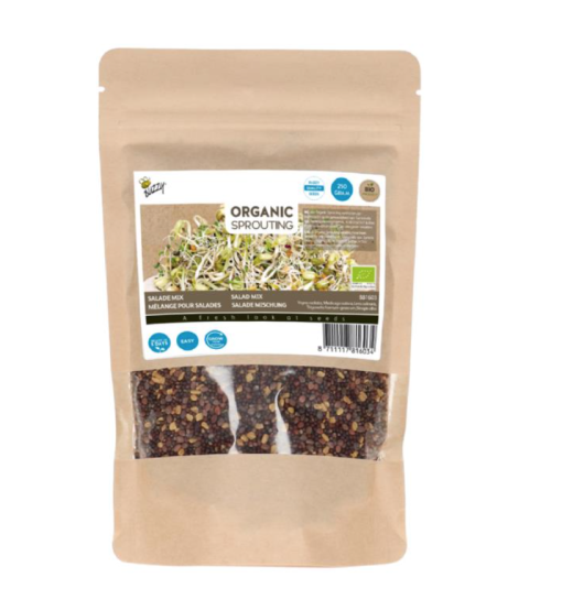 Foto van een zakje Buzzy Organic Sprouting Salademix verkrijgbaar bij DeDuurzameTuin.nl