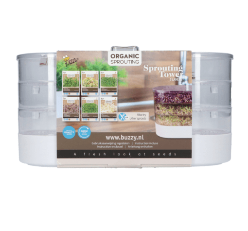 Foto van een Buzzy Organic Sprouting Tower verkrijgbaar bij DeDuurzameTuin.nl