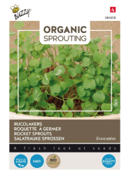 Foto van een zakje Buzzy Organic Sprouting Rucolakers verkrijgbaar bij DeDuurzameTuin.nl