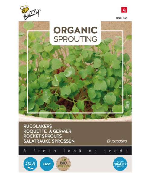 Foto van een zakje Buzzy Organic Sprouting Rucolakers verkrijgbaar bij DeDuurzameTuin.nl