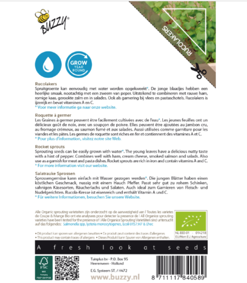Foto van een zakje Buzzy Organic Sprouting Rucolakers verkrijgbaar bij DeDuurzameTuin.nl