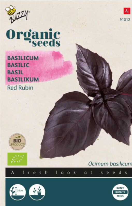 Foto van een zakje Basilicum Red Rubin Buzzy verkrijgbaar bij DeDuurzameTuin.nl