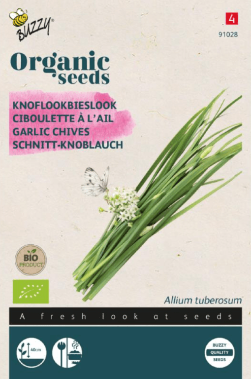 Foto van een zakje Bieslook Knoflook Buzzy verkrijgbaar bij DeDuurzameTuin.nl