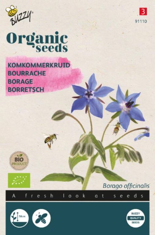 Zakje met Komkommerkruid Bio zaadjes verkrijgbaar bij DeDuurzameTuin.nl