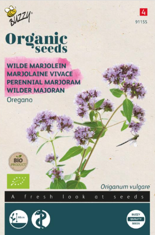 Foto van een zakje Wilde Marjolein Bio zaden verkrijgbaar bij DeDuurzameTuin.nl