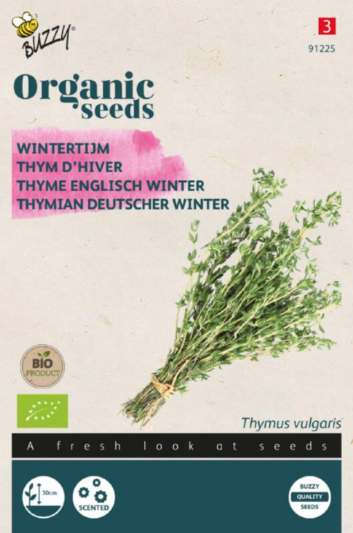 Foto van een zakje Wintertijm Bio zaden verkrijgbaar bij DeDuurzameTuin.nl