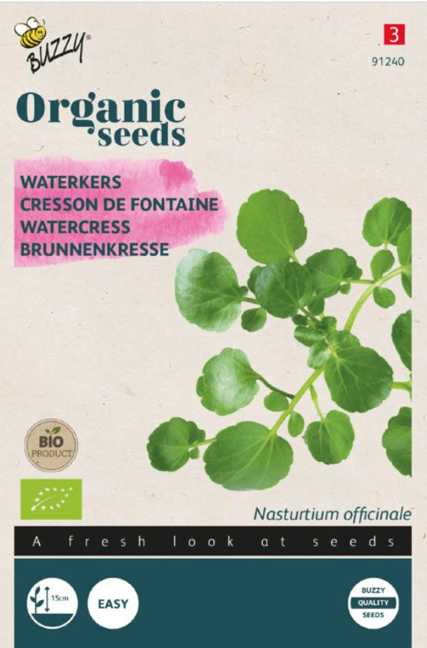 Foto van een zakje Waterkers Bio verkrijgbaar bij DeDuurzameTuin.nl