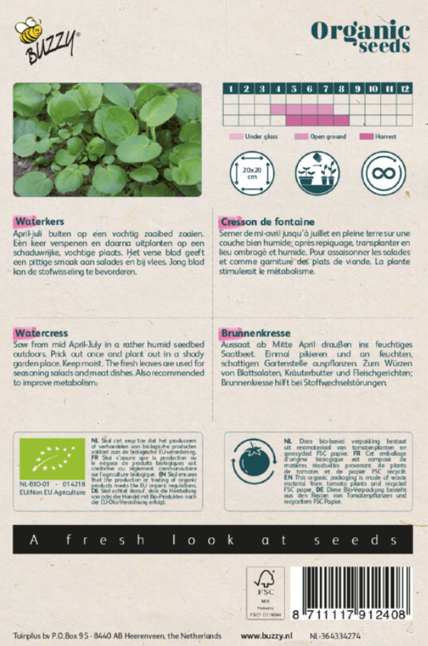 Foto van een zakje Waterkers Bio verkrijgbaar bij DeDuurzameTuin.nl