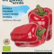 Foto van een zakje met Paprika Bio Rood California Wonder zaden verkrijgbaar bij DeDuurzameTuin.nl