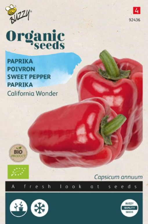 Foto van een zakje met Paprika Bio Rood California Wonder zaden verkrijgbaar bij DeDuurzameTuin.nl