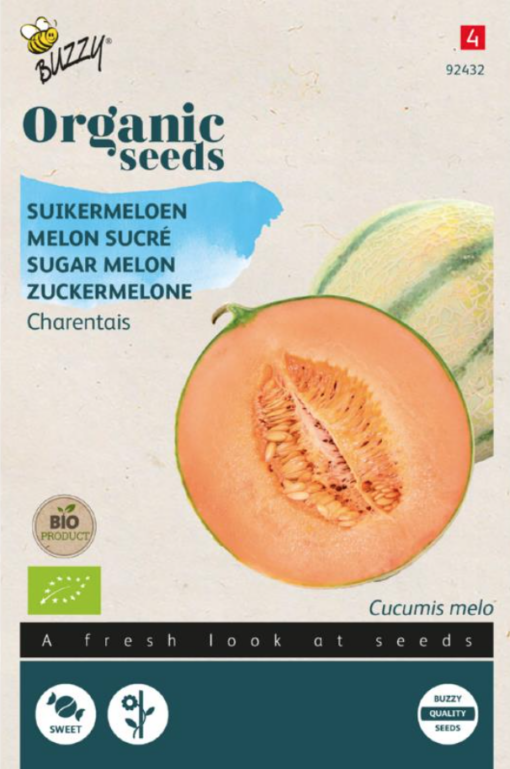 Foto van een zakje Suikermeloen Bio Charentais verkrijgbaar bij DeDuurzameTuin.nl