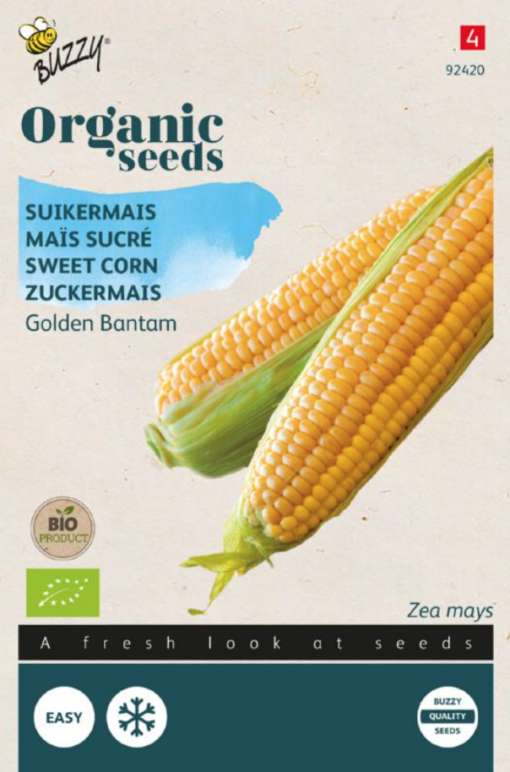 Zakje met zaadjes van de SuikerMais Bio Golden Bantam verkrijgbaar bij DeDuurzameTuin.nl