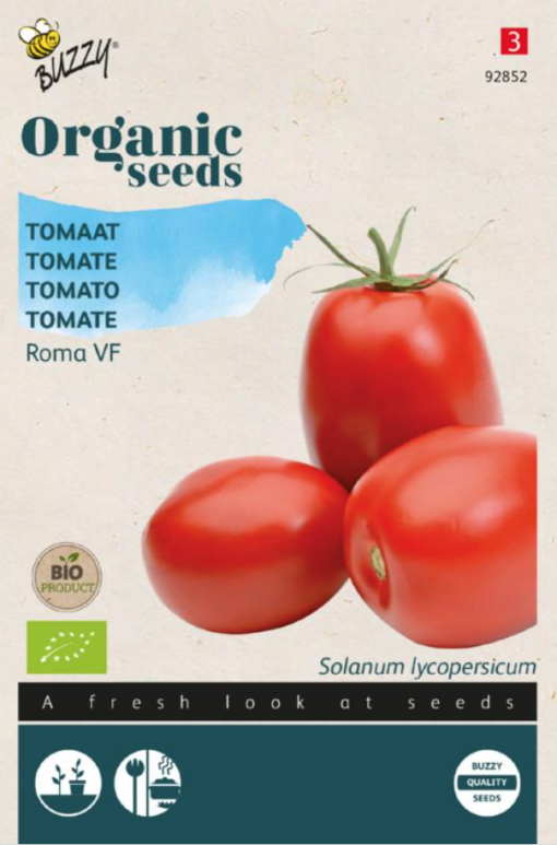 Zakje met zaadjes van de Tomaten Bio Roma VF verkrijgbaar bij DeDuurzameTuin.nl
