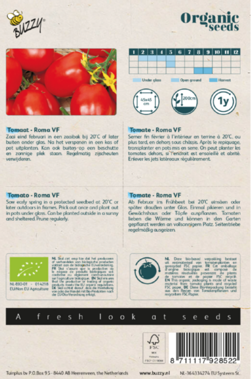 Zakje met zaadjes van de Tomaten Bio Roma VF verkrijgbaar bij DeDuurzameTuin.nl