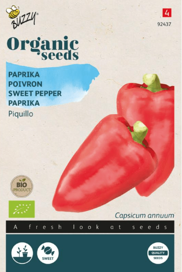 Foto van een zakje met Paprika Piquillo Bio zaadjes verkrijgbaar bij DeDuurzameTuin.nl