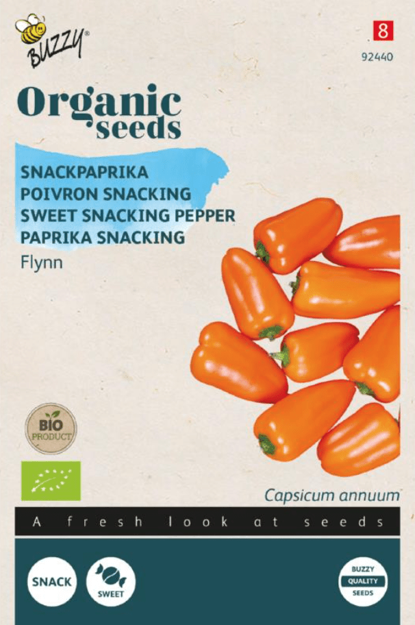 Zakje met zaadjes van de Snackpaprika Flynn Bio verkrijgbaar bij DeDuurzameTuin.nl
