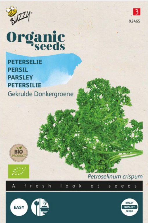 Foto van een zakje Peterselie Gekrulde Bio verkrijgbaar bij DeDuurzameTuin.nl