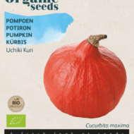 Foto van een zakje zaad van de Pompoen Uchiki Kuri Bio verkrijgbaar bij DeDuurzameTuin.nl