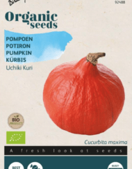 Foto van een zakje zaad van de Pompoen Uchiki Kuri Bio verkrijgbaar bij DeDuurzameTuin.nl