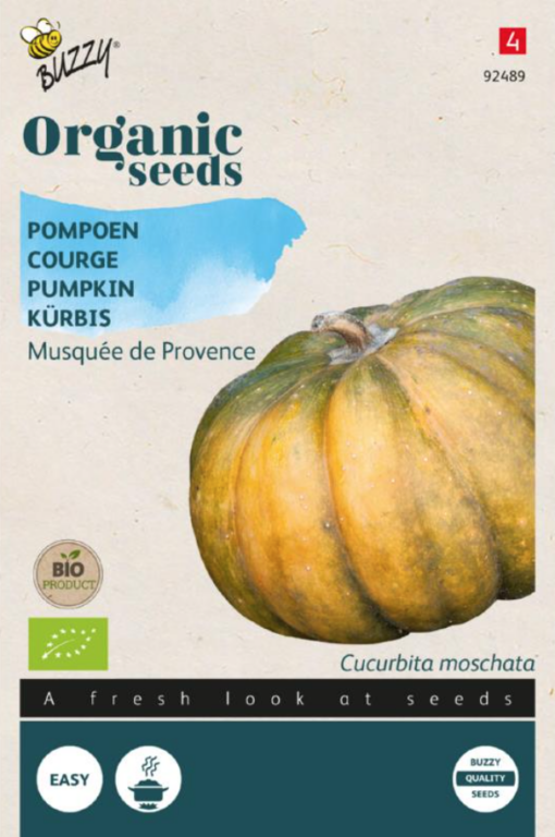 Foto van een zakje met Pompoen Musquée de Provence Bio zaden verkrijgbaar bij DeDuurzameTuin.nl