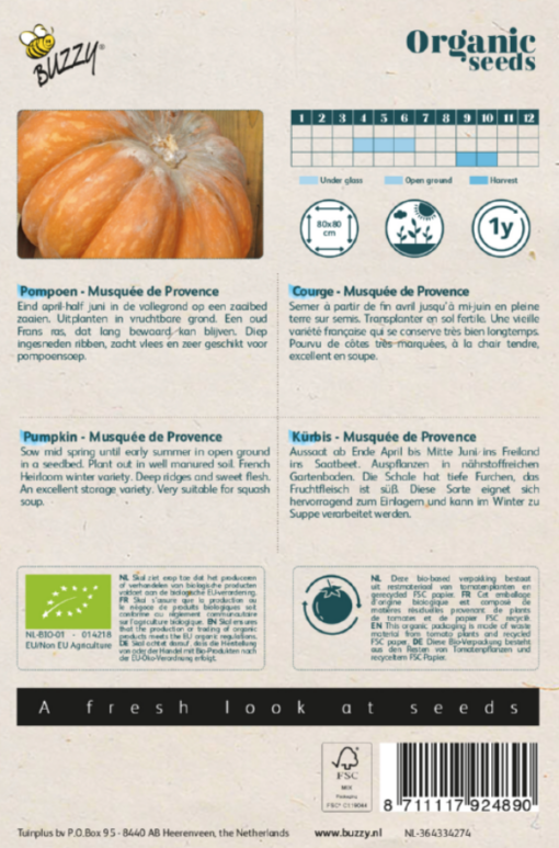 Foto van een zakje met Pompoen Musquée de Provence Bio zaden verkrijgbaar bij DeDuurzameTuin.nl