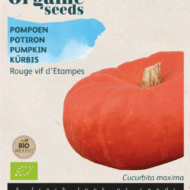 Foto van een zakje met zaden van de Pompoen Rouge vif d'Etampes Bio verkrijgbaar bij DeDuurzameTuin.nl