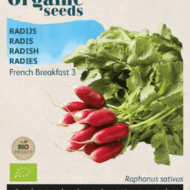 Foto van een zakje met zaadjes van de Radijs French Breakfast 3 Bio, verkrijgbaar bij DeDuurzameTuin.nl