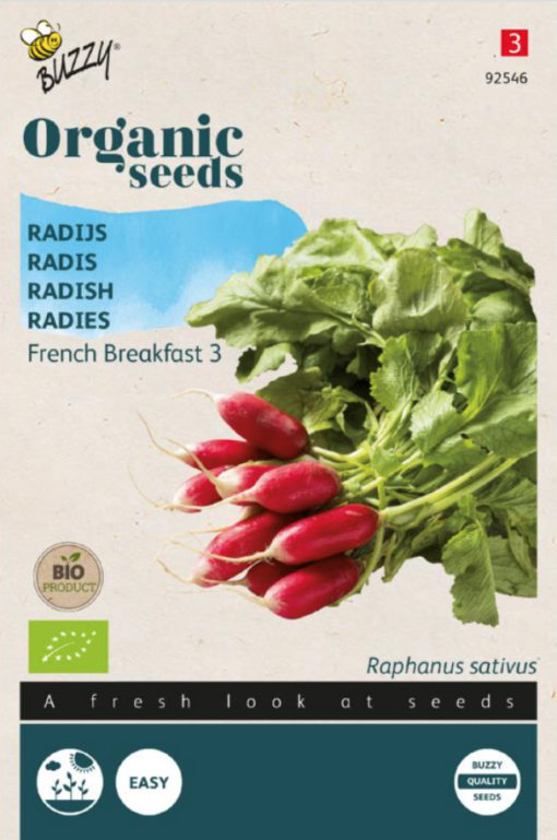 Foto van een zakje met zaadjes van de Radijs French Breakfast 3 Bio, verkrijgbaar bij DeDuurzameTuin.nl