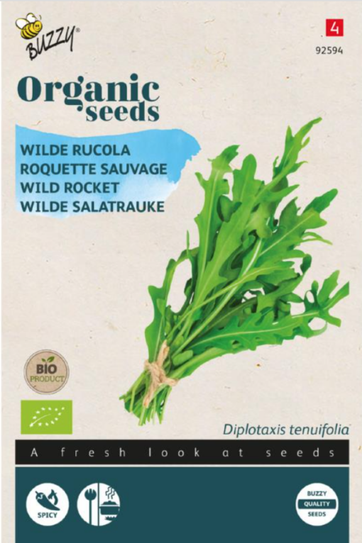 Zakje met zaadjes Rucola Wilde Bio verkrijgbaar bij DeDuurzameTuin.nl