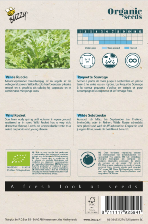 Zakje met zaadjes Rucola Wilde Bio verkrijgbaar bij DeDuurzameTuin.nl