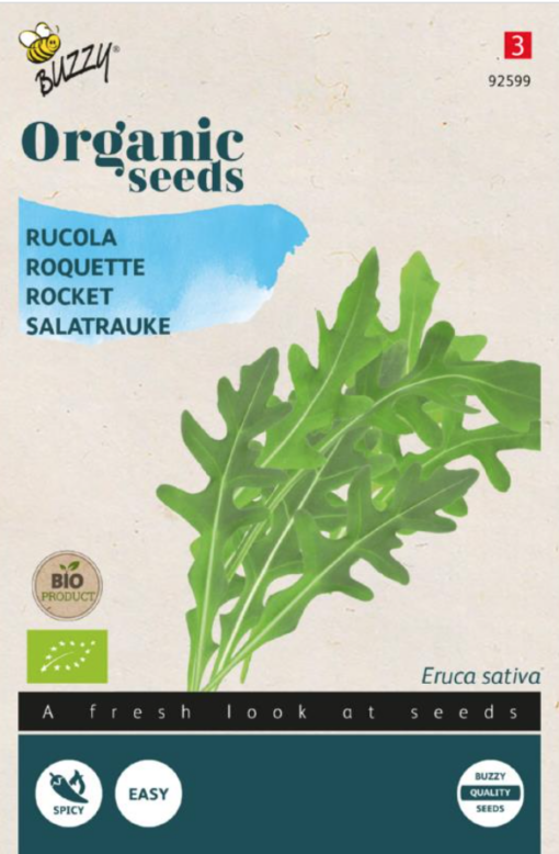Zakje met Rucola Bio zaadjes verkrijgbaar bij DeDuurzameTuin.nl