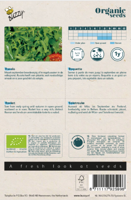 Zakje met Rucola Bio zaadjes verkrijgbaar bij DeDuurzameTuin.nl