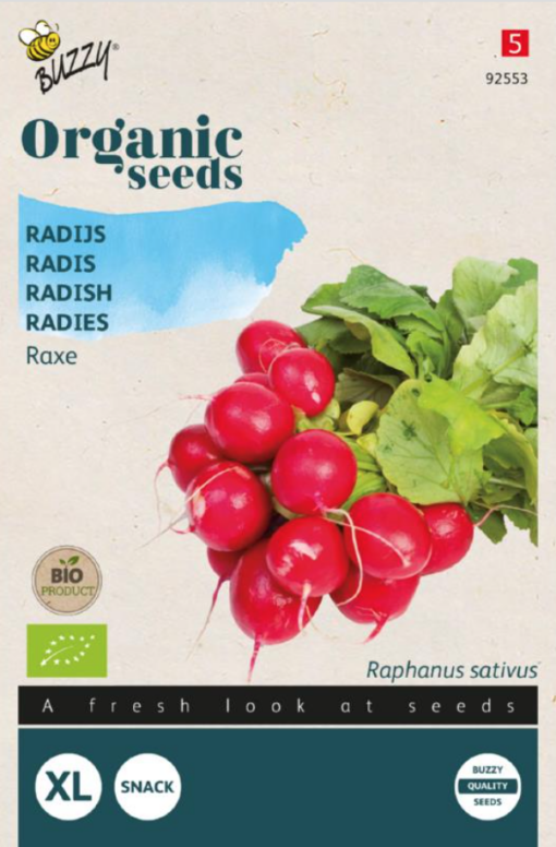 Zakje zaadjes van Radijs Raxe Bio verkrijgbaar bij DeDuurzameTuin.nl