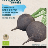 Zakje met zaadjes van de Rammenas Ronde Zwarte Bio verkrijgbaar bij DeDuurzameTuin.nl