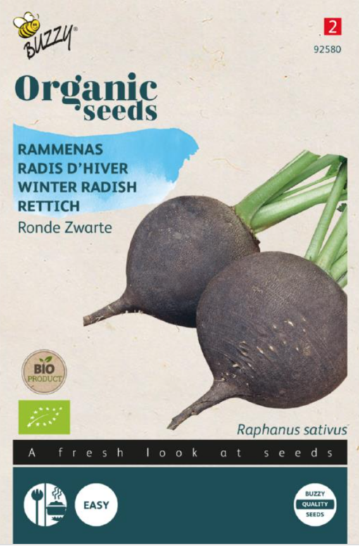 Zakje met zaadjes van de Rammenas Ronde Zwarte Bio verkrijgbaar bij DeDuurzameTuin.nl